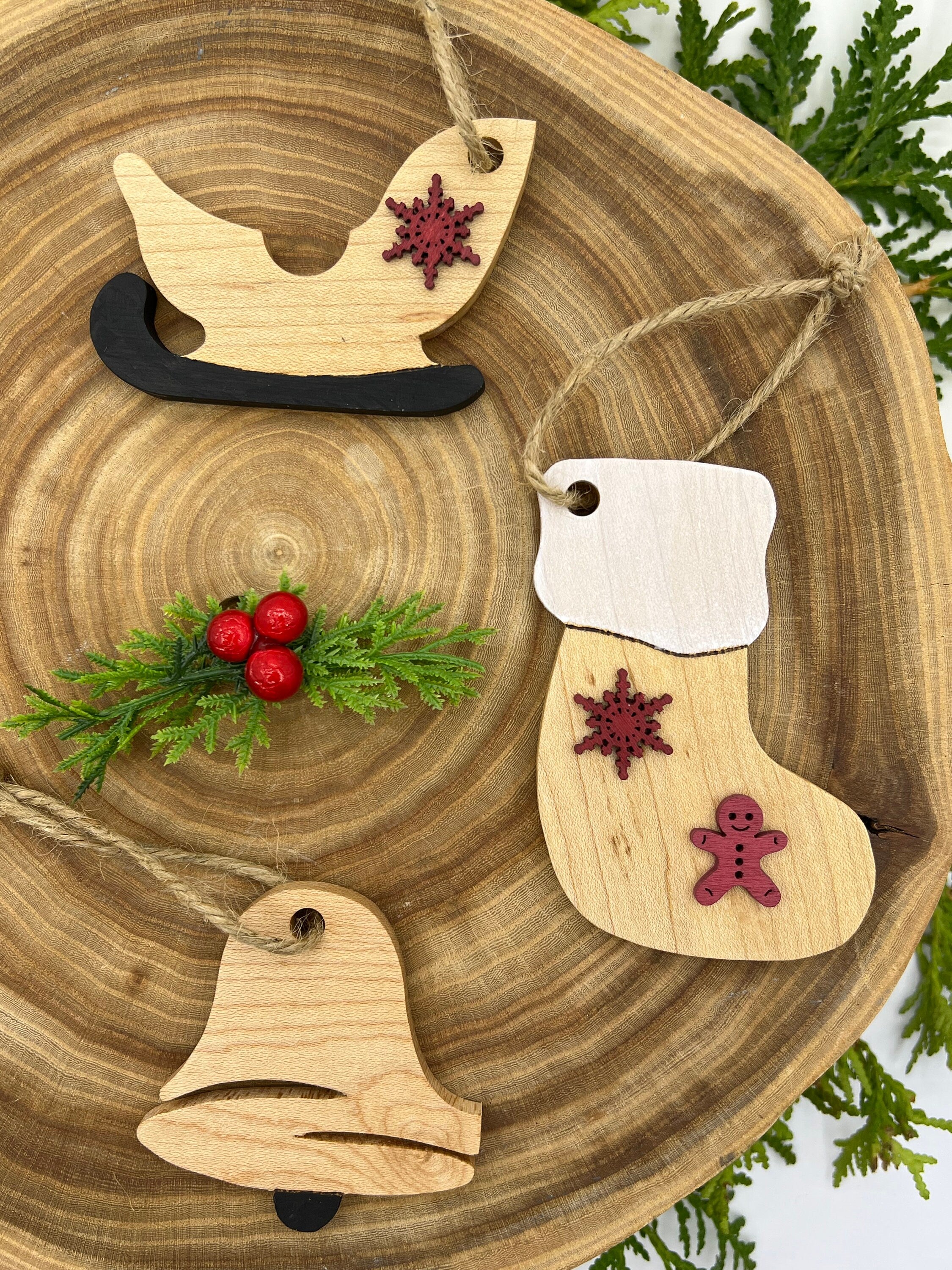 Christmas ornaments, rustic Christmas bauble, wooden Christmas decoration, Christmas ornament, wooden sleigh, wooden bell, Christmas stocking