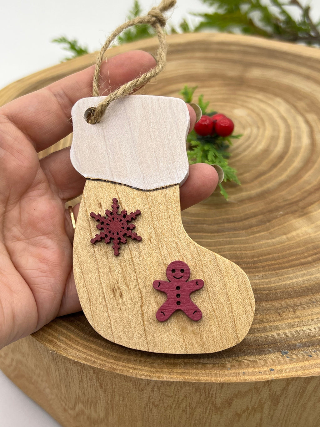 Christmas ornaments, rustic Christmas bauble, wooden Christmas decoration, Christmas ornament, wooden sleigh, wooden bell, Christmas stocking